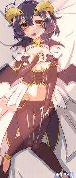 1girl antenna_hair bat_wings blush breasts cape curled_horns elbow_gloves embarrassed eyelashes female_focus fingerless_gloves full_body gloves hand_on_own_chest hand_on_own_leg hiiragi_utena horns looking_at_viewer lowleg lowleg_pants lying magia_baiser magical_girl mahou_shoujo_ni_akogarete medium_hair navel on_back open_mouth pants pasties petite purple_gloves purple_hair purple_pants purple_sash sash shrug_(clothing) small_breasts solo star-shaped_pupils star_(symbol) symbol-shaped_pupils two-tone_sash waist_cape white_cape white_shrug wings yellow_eyes yellow_sash yuzukiaz
