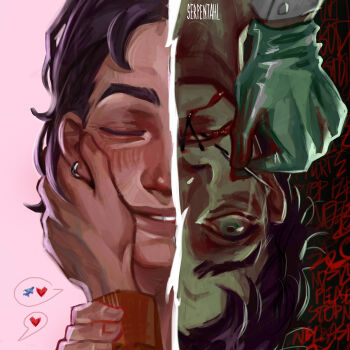 1boy 2others absurdres bags_under_eyes blood blood_from_mouth blue_eyes closed_eyes dual_persona earrings gloves green_gloves heart highres holding holding_needle hoop_earrings jewelry multiple_others needle no_i'm_not_a_human out_of_frame portrait pov pov_hands progression purple_hair serpentahl short_hair split_screen spoken_emoji spoken_heart stitched_mouth stitches wide-eyed wireface_(no_i'm_not_a_human)