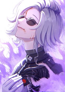 Rule 34 | 1boy, absurdres, aotsuki eito, black jacket, blood, blood from forehead, blood from mouth, blood on face, closed eyes, commentary, controller, crying, english commentary, facing up, fire, gakuran, gloves, grey hair, hands on own chest, highres, holding, holding remote control, jacket, keydromeda, last defense academy school uniform, male focus, purple fire, red button, remote control, school uniform, short hair, smile, solo, spoilers, sunglasses, the hundred line -last defense academy-, upper body, white background, white gloves