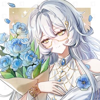 Rule 34 | 1girl, alternate costume, artist request, blue flower, blue gem, blue petals, bracelet, chinese commentary, closed mouth, collarbone, commentary request, commission, falling petals, flower, gem, genshin impact, glasses, grey hair, hair between eyes, hair intakes, hair ornament, head tilt, highres, holding, holding flower, jewelry, light smile, looking at viewer, looking to the side, naberius (genshin impact), off shoulder, petals, second-party source, shade, sleeveless, solo, upper body, yellow eyes