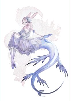 Rule 34 | 1girl, absurdres, animal ears, blue eyes, braid, clothes lift, commentary request, dress, fins, fish tail, full body, highres, hooves, hoshi rousoku, long hair, looking at viewer, looking back, monster girl, original, pink hair, purple dress, rabbit ears, skirt, skirt lift, solo, tail, taur, tentacles, white background