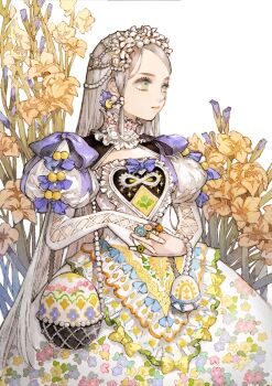 Rule 34 | 1girl, absurdres, baiguiyu, bow, collar, commentary, dress, egg, egg-shaped bag, elbow gloves, flower, frilled collar, frills, gloves, highres, jewelry, long hair, long sleeves, looking to the side, multicolored eyes, original, pearl hair ornament, puffy sleeves, purple bow, purple flower, ring, symbol-only commentary, two-tone eyes, white flower, white hair, yellow bow, yellow flower