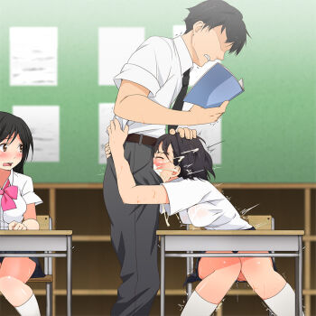 1boy 2girls aomizuan black_hair blush book breasts brown_eyes classroom clenched_teeth cum cum_in_mouth cum_overflow deepthroat desk ejaculation fellatio female_focus gekka_f-to hand_on_another&#039;s_head hetero hug_and_suck indoors male_teacher medium_breasts multiple_girls oral orgasm original profile pussy_juice school school_desk school_uniform shaking short_hair sitting skirt socks sweat teacher teacher_and_student teeth trembling wavy_mouth white_legwear