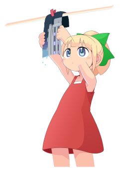 1girl arms_up bare_shoulders blonde_hair blue_eyes cowboy_shot dress high_ponytail highres long_hair mega_man_(classic) mega_man_(series) mega_man_2 ponytail red_dress roll_(mega_man) simple_background slyger_ex solo white_background