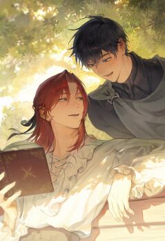 2boys :d bench black_eyes black_hair black_ribbon black_shirt blush book bush cale_henituse choi_han collared_shirt commentary_request cross-laced_clothes dappled_sunlight day eye_contact frilled_shirt frilled_sleeves frills grey_pants hair_between_eyes hair_ribbon half_updo hand_up highres holding holding_book korean_commentary long_sleeves looking_at_another lout_of_count&#039;s_family male_focus medium_hair monchya_33 multiple_boys on_bench open_book open_mouth outdoors pants parted_bangs puffy_long_sleeves puffy_sleeves reading red_hair ribbon shirt shirt_tucked_in short_hair sitting smile sunlight teeth tree upper_body upper_teeth_only white_shirt yaoi