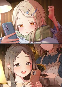 3girls :d absurdres aojiroi_fokkusu apron barefoot blonde_hair blue_pajamas blue_shirt blush brown_eyes brown_hair brushing_another's_hair brushing_hair buck_teeth collarbone collared_shirt colored_eyelashes desk_lamp ear_blush gakuen_idolmaster green_pillow grey_hair hair_ornament hairclip highres hiwatari_kanae holding holding_phone holding_pillow idolmaster kuramoto_china lamp lampshade loose_hair_strand maid maid_apron multiple_girls night open_mouth orange_eyes orange_pajamas pajamas parted_bangs phone pillow puffy_cheeks raised_eyebrows ribbon shinosawa_hiro shirt sleeve_cuffs smile talking_on_phone teeth upper_teeth_only wall_lamp