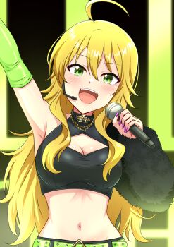 1girl absurdres ahoge arm_up belt blonde_hair blurry blurry_background blush breasts cleavage commentary_request green_belt green_eyes hair_between_eyes headset highres holding holding_microphone hoshii_miki idolmaster idolmaster_million_live! idolmaster_million_live!_theater_days large_breasts long_hair long_sleeves looking_at_viewer microphone mimiu_p navel open_mouth purple_nails smile solo teeth tongue upper_body upper_teeth_only
