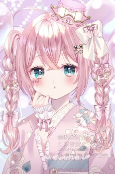 1girl :o absurdres ahoge azarashi6 balloon blue_eyes blush bow braid commentary_request floral_print frilled_sleeves frills hair_between_eyes hand_up hat heart highres horse_print japanese_clothes kimono long_sleeves looking_at_viewer mini_hat obi original parted_lips pink_bow pink_hair pink_hat pink_kimono print_kimono sash solo tilted_headwear twin_braids twintails upper_body watermark white_bow wide_sleeves wrist_cuffs