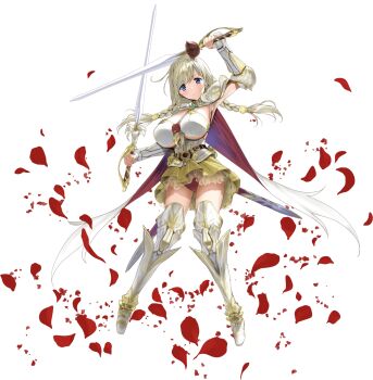 Rule 34 | 1girl, armor, armpits, bianca (kyonyuu fantasy burst), blonde hair, blue eyes, blush, braid, breasts, cape, dual wielding, flower, greaves, highres, holding, kyonyuu fantasy, kyonyuu fantasy burst, large breasts, looking at viewer, official art, panties, petals, rapier, red panties, rose, rose petals, smile, sword, twin braids, underwear, weapon