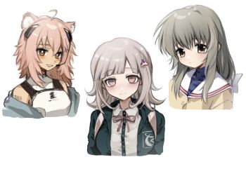 Rule 34 | 3girls, 545s (user azfy2553), ahoge, animal ear fluff, animal ears, arknights, backpack, bag, barcode, barcode tattoo, bare shoulders, black jacket, blue shirt, blush, breasts, brown eyes, cat ears, clannad, collared shirt, commentary request, danganronpa (series), danganronpa 2: goodbye despair, dress shirt, gravel (arknights), hair between eyes, hair ornament, highres, ibuki fuuko, jacket, large breasts, long hair, looking at viewer, medium hair, multiple girls, nanami chiaki, neck ribbon, open clothes, open jacket, pink ribbon, ribbon, sailor collar, shirt, simple background, smile, tattoo, two-tone shirt, white sailor collar, white shirt