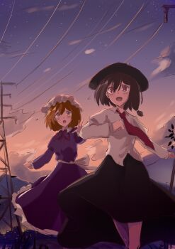 2girls :d absurdres black_hat black_skirt blonde_hair blush bow brown_hair cloud dress fedora fireflies frills grass hand_on_own_chest hat hat_bow highres long_sleeves maribel_hearn mob_cap multiple_girls necktie night night_sky open_mouth outstretched_arm purple_dress red_eyes red_ribbon ribbon sash shirt skirt sky smile star_(sky) sunset t-hou touhou utility_pole walking water white_hat white_sash white_shirt wind yellow_eyes