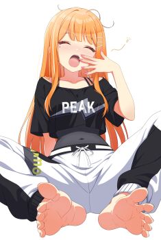 1girl absurdres barefoot blonde_hair blush closed_eyes feet gakuen_idolmaster highres idolmaster long_hair mole mole_under_eye open_mouth shiun_sumika soles toes toxic_pter yawning