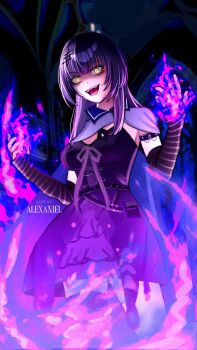 Rule 34 | 1girl, alexaniel, artist name, black arm warmers, black dress, black hair, black thighhighs, dress, enigmatic recollection, grey cloak, grey hair, grey ribbon, highres, hololive, hololive english, long hair, looking at viewer, magic, multicolored hair, shiori novella, shiori novella (1st costume), single thighhigh, solo, split-color hair, striped arm warmers, thighhighs, two-tone hair, virtual youtuber, yellow eyes