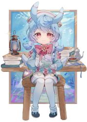 Rule 34 | 1girl, air bubble, antennae, black shorts, blue footwear, blue hair, blue shirt, book, book stack, border, bow, bowtie, brooch, bubble, crossed bangs, cup, full body, genshin impact, gloves, hair ornament, hat, highres, holding, holding jar, jar, jewelry, knees together feet apart, looking at viewer, low twintails, medium hair, nurse cap, oil lamp, on chair, onabe mogu, outside border, pantyhose, pink bow, pink bowtie, pink eyes, pom pom (clothes), pom pom hair ornament, shirt, shirt bow, short twintails, shorts, sigewinne (genshin impact), simple fish, sitting, smile, solo, stool, straight-on, table, tea, tea set, teacup, teapot, twintails, unworn ribbon, water, white border, white gloves, white hat, white pantyhose, white shirt