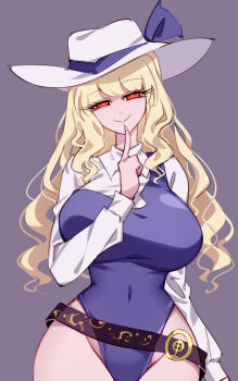 Rule 34 | 1girl, belt, blonde hair, fossilized wonders, hat, highres, leotard, long hair, long sleeves, open mouth, raptor7, ribbon, simple background, smile, solo, touhou, watatsuki no toyohime, yellow eyes