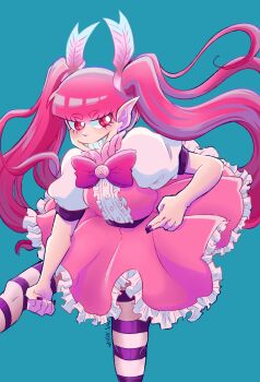 1girl absurdres artist_name barbatos_bachiko black_nails blue_background blunt_bangs bow commentary dress english_commentary feather_hair_ornament feathers frilled_dress frills grin hair_ornament highres kirina_hm mairimashita!_iruma-kun pink_bow pink_dress pink_hair pointy_ears puffy_short_sleeves puffy_sleeves red_eyes short_sleeves simple_background smile solo twintails