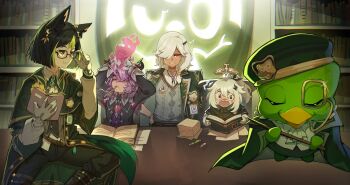 1girl 3boys animal_ear_fluff animal_ears bird black_gloves black_hair closed_mouth cyno_(duolingo)_(genshin_impact) cyno_(genshin_impact) dragon_boy dragon_horns duo_(duolingo) duolingo fox_boy fox_ears fox_tail genshin_impact gloves green_eyes green_hair hair_between_eyes hair_ornament halo horns male_focus mini_durin_(genshin_impact) mini_durin_(human)_(genshin_impact) multicolored_hair multiple_boys open_mouth paimon_(duolingo)_(genshin_impact) paimon_(genshin_impact) purple_hair short_hair streaked_hair tail tighnari_(duolingo)_(genshin_impact) tighnari_(genshin_impact) white_hair wings wokiiarts