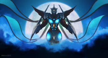 Rule 34 | arm blade, bioluminescence, cloud, daiei film, epic, floating, flying, full moon, gamera (series), gamera 3: revenge of iris, giant, giant monster, glowing, glowing eyes, highres, hurricane, iris (gamera), kaiju, levitation, looking at viewer, membrane, monster, moon, night, no humans, no pupils, one-eyed, realistic, star (sky), storm, suttoko, tentacles, weapon, yellow eyes