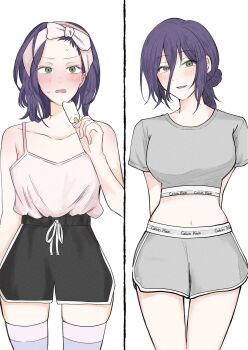 1girl :o black_hair black_shorts blush camisole chainsaw_man collarbone commentary_request comparison cropped_shirt dolphin_shorts food forehead green_eyes hair_between_eyes highres holding holding_food holding_popsicle long_hair_between_eyes looking_at_viewer medium_hair multiple_views navel pink_camisole popsicle reze_(chainsaw_man) shorts shumori simple_background smile standing white_background