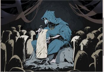 Rule 34 | bird mask, blue cloak, chisel, cloak, commentary, devoted sculptor (slay the spire), full body, hammer, highres, holding, holding chisel, holding hammer, holding tool, mask, mask on head, pcsghostsoul, sculpting, sitting, slay the spire, slay the spire 2, statue