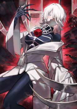 1girl absurdres black_bodysuit black_claws blue_eyes blush bodysuit breasts coat colored_eyelashes e.g.o_(project_moon) faust_(project_moon) floating floating_object floating_weapon hair_over_one_eye highres hydwamacroph kishimen_hair large_breasts limbus_company long_sleeves looking_at_viewer mask medium_hair oxygen_mask oxygen_tank project_moon red_background respirator signature skeleton_print sleeves_past_fingers sleeves_past_wrists solo thoracalgia_(e.g.o) white_coat white_eyelashes white_hair