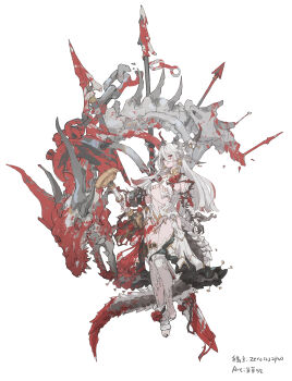 1girl absurdres blood blunt_ends bone chain collar cuffs dragon_girl dragon_horns dragon_skull earrings floating full_body grey_hair highres holding holding_sword holding_weapon horns iridescent-usee jewelry long_hair metal_collar original red_eyes red_hair shackles solo sword weapon