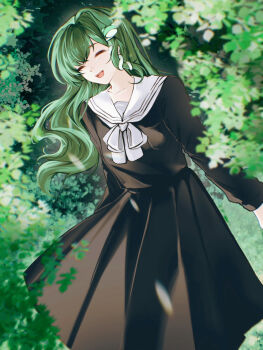 1girl :d ^_^ alulue1 black_serafuku black_shirt black_skirt closed_eyes closed_mouth commentary cowboy_shot facing_viewer frog_hair_ornament green_hair hair_ornament head_tilt highres kochiya_sanae long_hair long_skirt long_sleeves neckerchief open_mouth outdoors sailor_collar school_uniform serafuku shirt skirt smile snake_hair_ornament solo standing touhou white_neckerchief white_sailor_collar