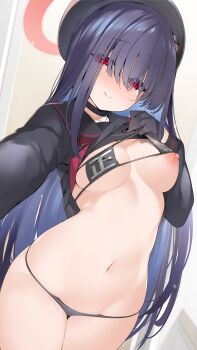 1girl absurdres beret bikini bikini_top_lift black_bikini black_choker black_hair black_sailor_collar black_shirt blue_archive blush breasts choker closed_mouth clothes_lift cowboy_shot eyes_visible_through_hair hair_over_eyes halo hat highres indoors justice_task_force_member_(blue_archive) lifting_own_clothes long_hair looking_at_viewer medium_breasts navel nipples red_eyes sailor_collar sasakura selfie shirt smile solo standing swimsuit