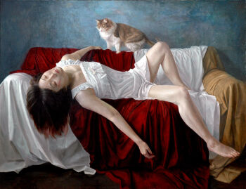 1girl animal barefoot black_hair cat closed_eyes closed_mouth commentary_request couch dress feet full_body hair_spread_out indoors kasumi_kaworu lying nightgown oil_painting_(medium) on_back on_couch original outstretched_arms painting_(medium) photorealistic realistic short_hair sleeping sleeveless sleeveless_dress solo spread_arms toes traditional_media white_dress