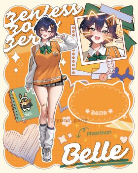 1girl absurdres ahoge alternate_costume backpack bag bandage_on_knee bangboo_(zenless_zone_zero) belle_(zenless_zone_zero) blue_hair bow bowtie breasts character_name english_text eous_(zenless_zone_zero) facial_mark full_body green_bow green_bowtie hair_ornament highres kneehighs large_breasts letter_hair_ornament long_sleeves looking_at_viewer loose_socks notebook open_mouth orange_sweater_vest pencil photo_(object) school_uniform shirt shoes short_hair socks solo standing star_(symbol) star_facial_mark sweater_vest thigh_gap thighs v vest white_shirt white_shoes white_socks yuna_(deadawon) zenless_zone_zero