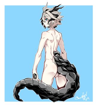 alternate_eye_color androgynous antenna_hair aqua_eyes command_spell dragon_boy dragon_horns dragon_tail fate/apocrypha fate_(series) from_behind grey_hair haoro horns pale_skin perineum short_hair sieg_(fate) skinny tail