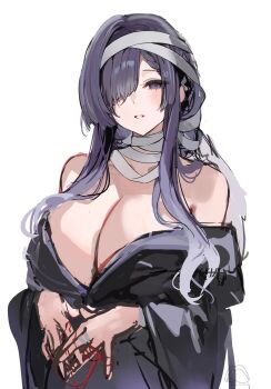 1girl asama_(azur_lane) azur_lane bandaged_head bandaged_neck bandages bare_shoulders black_kimono breasts cleavage commentary_request gradient_hair grey_hair hair_between_eyes hair_over_one_eye highres huge_breasts inverted_eyelashes japanese_clothes kimono long_hair looking_at_viewer momokan_(kandume200) multicolored_hair own_hands_together parted_lips purple_eyes purple_hair sidelocks simple_background sketch solo string string_of_fate upper_body white_background wide_sleeves