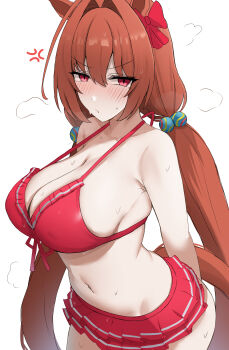 Rule 34 | 1girl, absurdres, animal ears, bikini, bikini skirt, blush, breasts, brown hair, brown tail, cleavage, closed mouth, commentary, daiwa scarlet (mini vacation) (umamusume), daiwa scarlet (umamusume), frilled bikini, frills, front-tie bikini top, front-tie top, hair between eyes, hair bobbles, hair intakes, hair ornament, highres, horse ears, horse girl, horse tail, large breasts, long hair, looking at viewer, low twintails, namikare, navel, official alternate costume, official alternate hairstyle, red bikini, red eyes, simple background, solo, swimsuit, tail, twintails, umamusume, v-shaped eyebrows, very long hair, wet, white background
