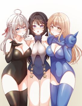 3girls absurdres ahoge alisa_mikhailovna_kujou armor bare_shoulders black_gloves black_hair black_leotard black_thighhighs blonde_hair blue_eyes blue_leotard blue_thighhighs breasts cleavage commentary_request commission cosplay costume_request covered_navel cowboy_shot crossover elbow_gloves gloves gradient_background grey_hair hair_ribbon hands_up highres large_breasts leotard long_hair looking_at_viewer multiple_girls open_mouth otonari_no_tenshi-sama_ni_itsu_no_mani_ka_dame_ningen_ni_sarete_ita_ken pixiv_commission ribbon sakurajima_mai seishun_buta_yarou shiina_mahiru_(otonari_no_tenshi-sama) shoulder_armor simple_background spiked_armor spikes thighhighs tokidoki_bosotto_roshia-go_de_dereru_tonari_no_alya-san variant_set welo yellow_eyes