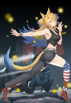 1girl absurdres american_flag_legwear animal_ears armpits asymmetrical_pants black_pants black_vest blonde_hair blue_hair boots breasts brown_boots cleavage commission high_heel_boots high_heels highres horse_ears horse_girl horse_tail jewelry long_hair looking_at_viewer motor_vehicle multicolored_hair necklace obey_your_master_(umamusume) one_eye_closed pants pixiv_commission print_thighhighs solo star_(symbol) star_in_eye star_necklace star_print symbol_in_eye tail thighhighs tk31 two-tone_hair umamusume umamusume:_cinderella_gray vest