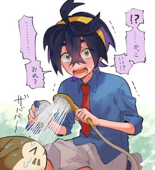 !? &gt;_&lt; 1boy black_hair blue_shirt blush collared_shirt commentary_request crossed_bangs furret gen_2_pokemon hair_between_eyes hairband hatemadeimym highres holding holding_sponge kieran_(pokemon) looking_at_viewer male_focus mareep mole mole_on_neck multicolored_hair necktie nintendo open_mouth pokemon pokemon_sv purple_hair red_necktie shirt shorts shower_head sponge sweat translation_request water wet yellow_eyes yellow_hairband