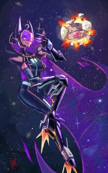 Rule 34 | 1girl, ahoge, black bodysuit, black gauntlets, bodysuit, boutsoftheblind, cape, clawed gauntlets, claws, commentary, english commentary, explosion, fangs, gauntlets, general geega, grey hair, helmet, highres, indie virtual youtuber, looking at viewer, pointy ears, purple cape, red eyes, space, star (sky), virtual youtuber