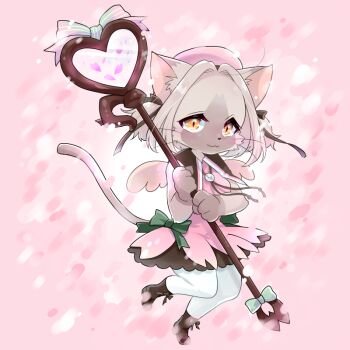 1girl :3 alternate_costume animal_ears animal_hands beret black_boots boots bow breasts brown_fur brown_hair cat_busters cat_ears cat_girl cat_tail commentary_request cute_weapon debu_nezu dress full_body furry furry_female green_bow hat heart holding holding_staff looking_at_viewer magical_girl pantyhose pink_dress pink_theme praline_(cat_busters) short_hair slit_pupils small_breasts solo staff tail two_side_up weapon white_pantyhose wings yellow_eyes