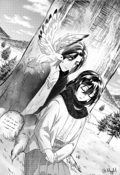 1boy 1girl bird black_hair black_jacket breasts cardigan closed_eyes closed_mouth couple eren_yeager facial_scar grave greyscale hair_between_eyes hetero highres hood hooded_jacket jacket long_hair looking_at_another medium_breasts medium_hair mikasa_ackerman monochrome myym_68 outdoors own_hands_together parted_bangs pine_tree pleated_skirt scar scar_on_cheek scar_on_face scarf screentones shingeki_no_kyojin shirt sitting skirt spirit tombstone tree twitter_username under_tree upper_body white_shirt