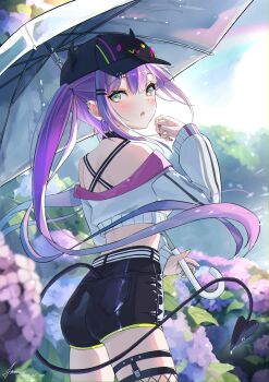 1girl :o ammo21204760 ass asymmetrical_legwear barbell_piercing bare_shoulders baseball_cap bibi_(tokoyami_towa) black_choker black_shorts blurry blush choker clothing_cutout cowboy_shot crop_top cropped_jacket demon_girl demon_tail ear_piercing fake_horns fishnet_thighhighs fishnets floating_hair flower from_behind green_eyes hair_ornament hairclip hat highres holding holding_umbrella hololive horned_headwear horns hydrangea industrial_piercing jacket legwear_garter long_hair long_sleeves looking_at_viewer looking_back midriff multicolored_hair multicolored_nails multiple_piercings nail_polish off_shoulder open_mouth outdoors parted_lips piercing pink_hair pointy_ears purple_flower purple_hair purple_nails rain revision short_shorts shorts sidelocks signature single_thighhigh solo standing streaked_hair tail tail_ornament tail_piercing tail_through_clothes thigh_strap thighhighs tokoyami_towa tokoyami_towa_(1st_costume) transparent transparent_umbrella twintails umbrella very_long_hair virtual_youtuber white_jacket yellow_nails