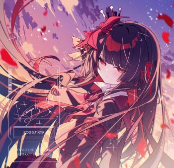 1girl black_dress black_hair bug butterfly colored_inner_hair commentary_request crown dress flower gloves hair_flower hair_ornament half-closed_eyes highres hime_cut insect kasuga_haruhi long_hair looking_at_viewer magical_girl mahou_shoujo_no_majo_saiban multicolored_hair necktie nikaido_hiro parted_lips red_butterfly red_eyes red_flower red_necktie rope solo twitter_username very_long_hair white_gloves