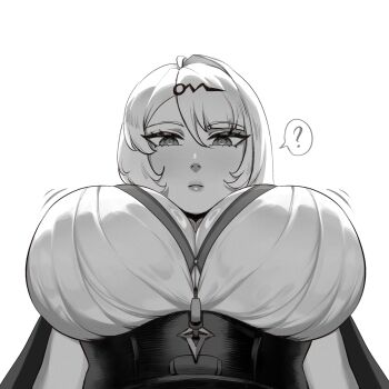1girl ? absurdres breasts from_below greyscale highres huge_breasts long_hair looking_at_viewer monochrome simple_background solo speech_bubble upper_body white_background wingedwasabi yixuan_(zenless_zone_zero) zenless_zone_zero