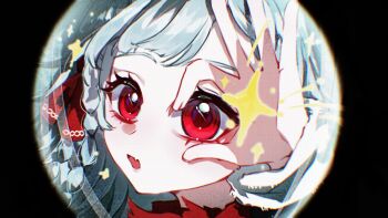 1girl :o absurdres black_background bow chilizi close-up fang hair_bow hand_up highres ok_sign ok_sign_over_eye red_bow red_eyes reverse:1999 round_image rubuska skin_fang solo sparkle white_hair