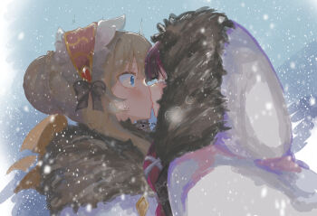2girls black_hair blue_eyes braid braided_bun brown_hair coat columbina_(genshin_impact) commentary english_commentary fur-trimmed_coat fur_trim genshin_impact hair_bun highres hood hood_up kiss kitsunetenma maid_headdress multiple_girls outdoors purple_streaks sandrone_(genshin_impact) snowing sweat white_coat yuri