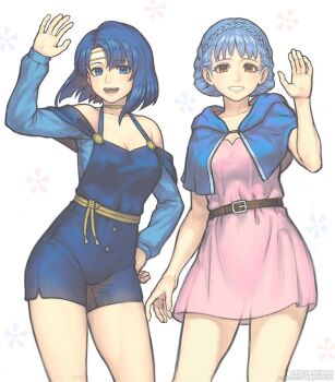 Rule 34 | 2boys, 2girls, alternate costume, arm up, bare shoulders, belt, blue capelet, blue dress, blue eyes, blue hair, blush, braid, breasts, brown belt, brown eyes, capelet, catria (fire emblem), cleavage, collarbone, commentary, crown braid, dress, english commentary, fire emblem, fire emblem: mystery of the emblem, fire emblem: three houses, gofelem, gold choker, grin, hand up, headband, hood, hooded capelet, long sleeves, looking at viewer, marianne von edmund, marianne von edmund (timeskip), medium breasts, multiple boys, multiple girls, nintendo, off-shoulder dress, off shoulder, open mouth, pink dress, short hair, smile, teeth, waving