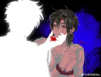 Rule 34 | 2boys, antenna hair, artist name, black hair, blood, blood on face, blood on hands, bound, bound wrists, brown eyes, cheng xiaoshi, chinese commentary, commentary request, crying, crying with eyes open, earrings, hand on another's chin, hand on another's face, injury, jewelry, looking at another, male focus, medium hair, multiple boys, own hands together, parted lips, ponytail, shiguang dailiren, shirt, short hair, short ponytail, silhouette, solo focus, tears, teeth, trembling, twitter username, upper body, watermark, weibo watermark, white shirt, xiangdunjiudunw, xiao weiying, yaoi