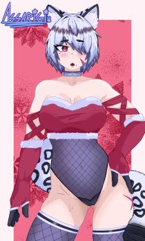 abs alya_(assarigi) animal_ears assarigi black_gloves black_hair christmas collar crop_top fishnets gloves highres lipstick makeup multicolored_hair muscular muscular_female nervous panties red_eyes red_gloves scar scar_on_face short_hair signature snow_leopard snow_leopard_ears snow_leopard_tail tail thighhighs thighs underwear white_hair