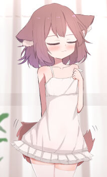 1girl :3 animal_ears arm_behind_back blush brown_hair cat_ears cat_girl cat_tail closed_eyes collarbone curtains dress original plant shooko short_hair sleeveless sleeveless_dress standing strap_slip tail thighhighs white_dress white_thighhighs window