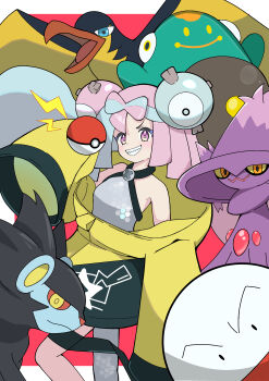 1girl absurdres bellibolt bow-shaped_hair character_hair_ornament commentary_request electrode_(pokemon) garlic_(aeyp5848) gen_4_pokemon grey_shirt grin hair_ornament highres iono_(pokemon) jacket kilowattrel long_hair long_sleeves luxray mismagius multicolored_hair nintendo pink_hair poke_ball poke_ball_(basic) pokemon pokemon_(creature) pokemon_sv purple_eyes shirt single_leg_pantyhose sleeveless sleeveless_shirt sleeves_past_fingers sleeves_past_wrists smile teeth thigh_strap two-tone_hair yellow_jacket