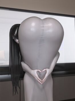1girl 3d amen_pose_(meme) arm_around_leg ass ass_focus bent_over black_hair breasts commentary dress english_commentary from_behind frontbend ghost_girl hair_over_one_eye heart heart_hands huge_ass long_hair looking_at_viewer meme own_hands_together palms_together panties panties_visible_through_clothes popogori presenting_own_ass presenting_own_body solo standing steepled_fingers television the_ring thick_thighs thighs underwear very_long_hair white_dress wide_hips yamamura_sadako